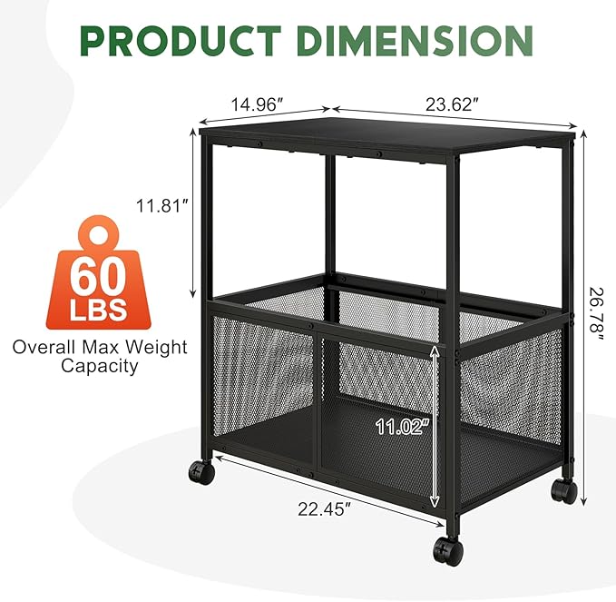 Rolling File Cart, Mobile File Cabinet with Wheels Hanging Files, Filing Cabinet Organizer Printer Stand File Organizer Fit Letter Size for Home Office, Black