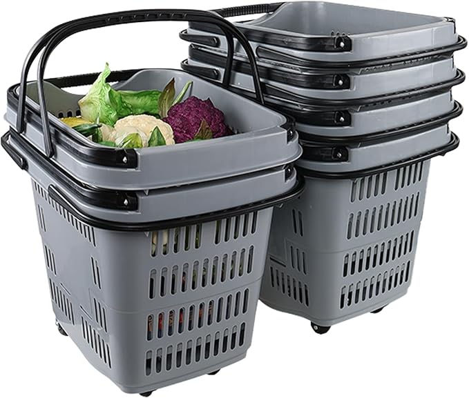 Saedy Shopping Baskets with Handles Set of 6, 50 L Plastic Laundry Basket on Wheels