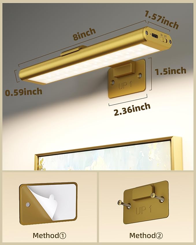 EZVALO Picture Light for Wall, Rechargeable 2400mAh Battery Lights Wireless Remote, 3 Color & Dimmable Magnetic 8'' LED Lights Display for Painting, Living Room, Gallery, Bedroom, Dashboard(Gold-2P)