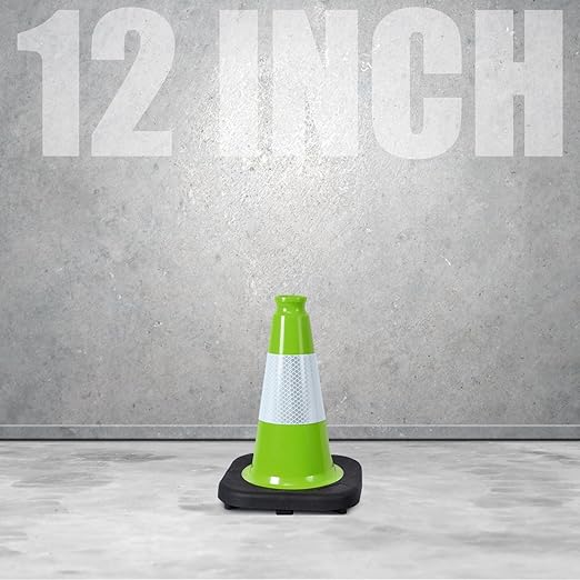 Fluorescent Orange/Green PVC Traffic Cones, Heavy Black Base Parking Lot Cone Structurally Stable Weatherproof Road Construction Safety Cones (4, Green, 12" Small)