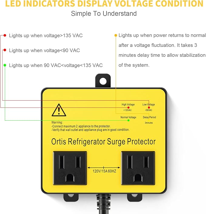 Refrigerator Surge Protector, Ortis Double Outlet Voltage Protector for Home Appliances with Time Delay, Protects Against Brownout, Spike, Instant Surge All Voltage Abnormalities, Yellow