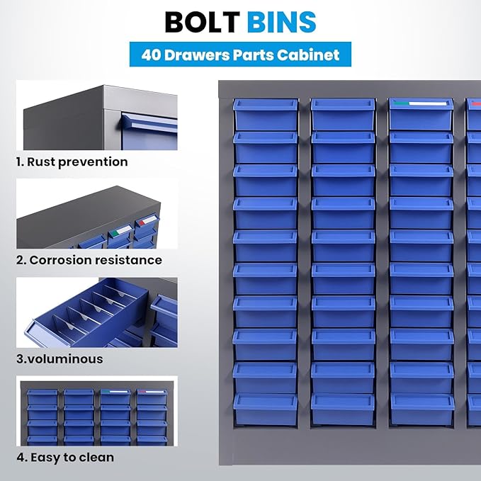 Nut and Bolt Storage Cabinet with ABS Drawer,Steel Small Parts Storage Organizer,25" H X 9" D X21 W Screw Organization for Garage Hardware,Nails,Fastener,Bolts,Nuts,and More (40 ABS Drawers)