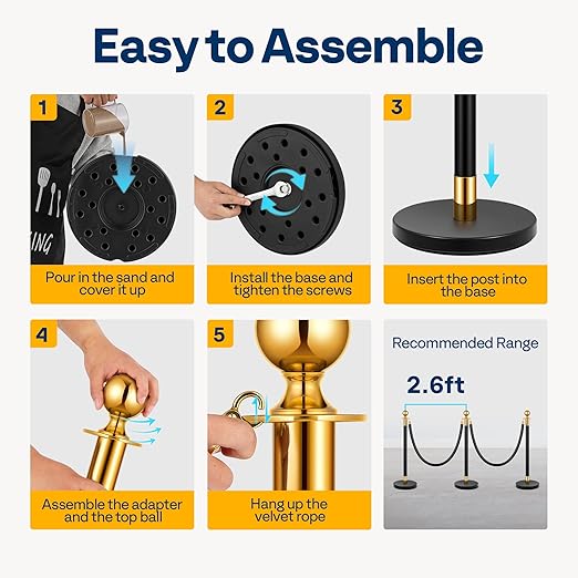 VIVOHOME Iron Stanchion Post Queue 6PCS Pole w/ 4 Red Velvet Ropes, Crowd Control Barriers w/Fillable Base for High-end Venues, Museums, Party Supplies (6 Pieces, Black and Golden)
