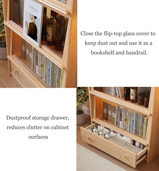Solid Wood Bookcase with Flip-Up Tempered Glass Doors,70" H Tall Wood Book case with 3 Color Led Lights,4 -Tier Wooden Bookshelf and 1 Drawer,Display Cabinet Kitchen Pantry for Living Room,Office
