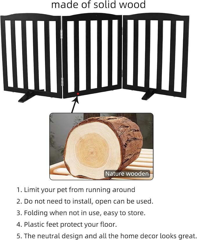 Freestanding Dog Gate Indoor,Doggie Gate Foldable Pet Gates for Doorways,Stairs or Hallways, Wooden Black Pet Gate for The House, Pet Fence with Support Feet Included,24 "Height-3 Panels