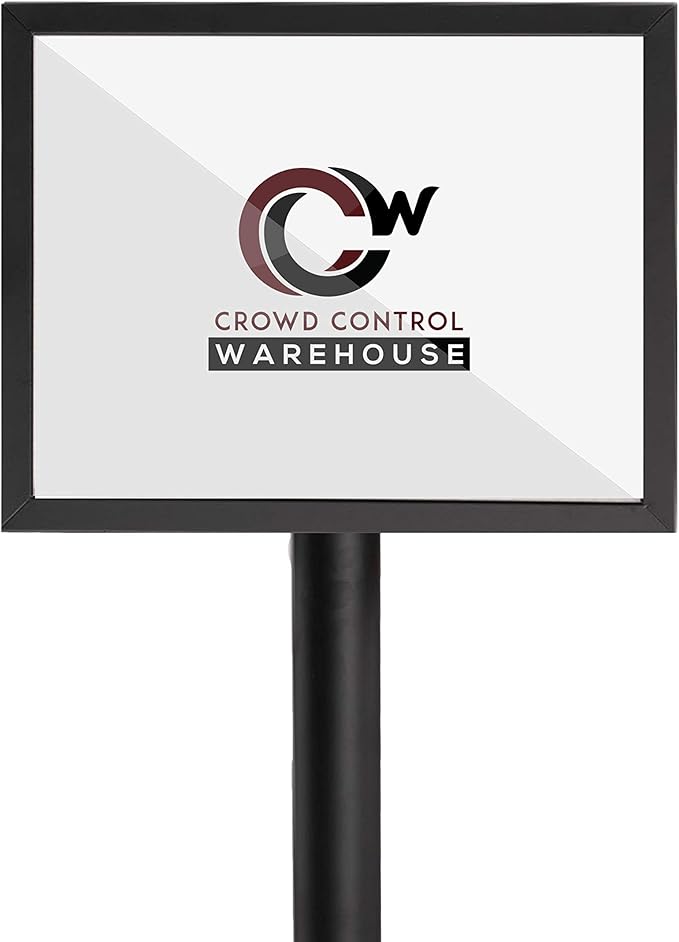 Crowd Control Warehouse Pedestal Standing Floor Sign Frame with Sloped Base, 8.5x11 Inch Horizontal, Black Powder Coated Steel