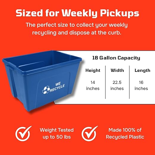 Curbside 18 Gallon Blue Recycling Bin with Carrying Handles for Homes or Businesses to Put on The Curb for Recycling - Two Bins - Blue