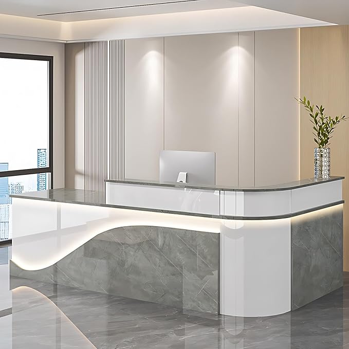 Modern Reception Desk – Front Desk, Reception Counter for Office, Checkout Counter, LED Lighting, Storage, Soft Close Drawers, Custom Logo, Fully Assembled (C,48IN)
