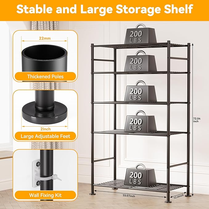 5 Tier Shelf Organizer Rack, Metal Shelving Unit with Adjustable Leveling Feet, Space-Saving Storage Shelves for Garage Closet Laundry Bathroom Kitchen Pantry, 33.07”Wx12.6”Dx72.04”H,Black