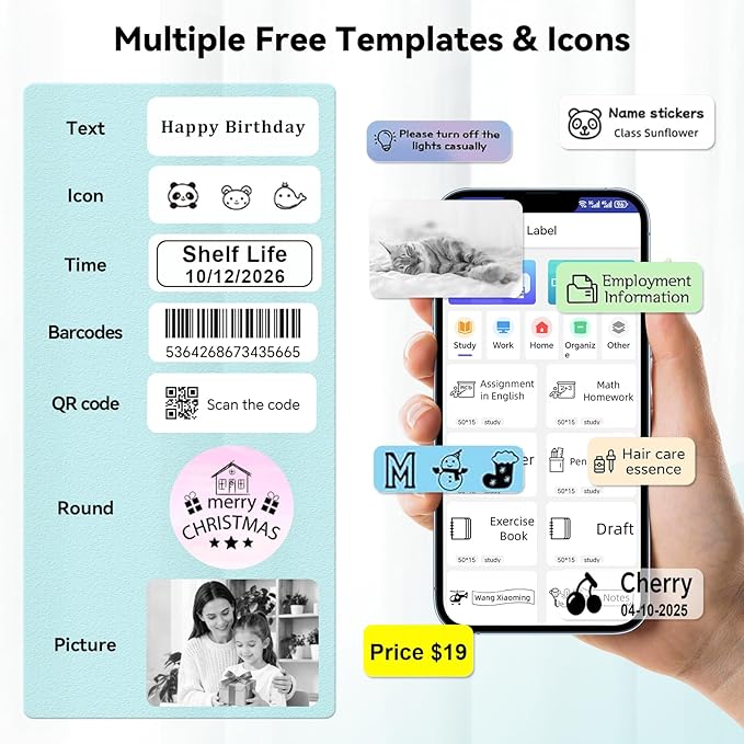Label Maker Machine - Portable Bluetooth Mini Label Printer - Smartphone Handheld Thermal Sticker Small Labeler Multiple Templates Font Icon Inkless Custom Label for Home Kids School Items
