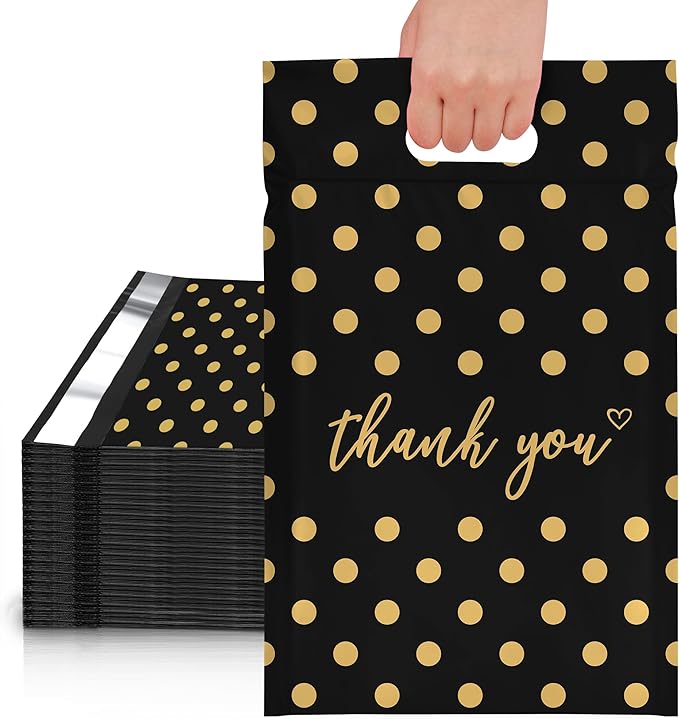 JinRuiKJ Poly Mailers with Handle 10x13 Inch 100 Pcs, Easy to Carry Packaging Bags for Small Business, Thank You Shipping Bags with Self Adhesive Strip, Tearproof and Waterproof - Gold Polka Dot