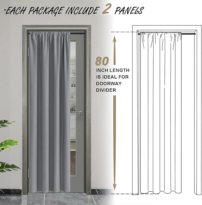 JIUZHEN Blackout Doorway Curtains 80 inch Length - 2 Panels Thermal Insulated Privacy Soundproof Rod Pocket Closet Door Curtains Room Divider for Bedroom,Office, 42 x 80 inches, Light Grey