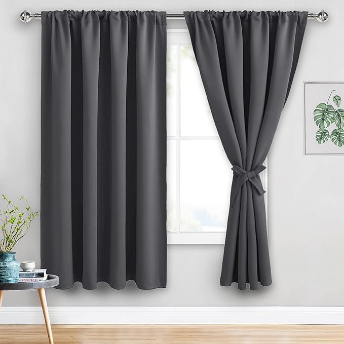 JIUZHEN Blackout Curtains for Bedroom - 60 Inch Wide Thermal Insulated Room Darkening Privacy Soundproof Curtains for Living Room, Set of 2 Panels with Tiebacks, 60 x 63 inches, Dark Grey