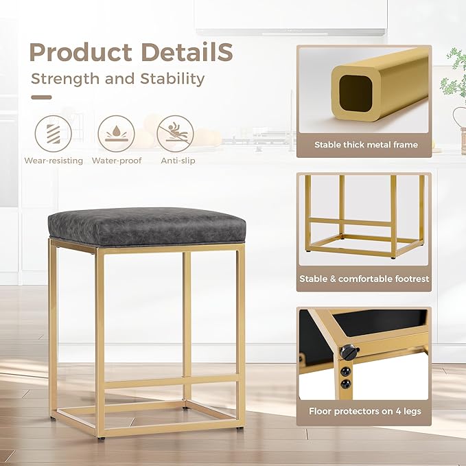MAISON ARTS 24 Inch Grey+Gold Counter Height Bar Stools Set of 2, Stain & Scratch Resistant PU Leather Seat, Sturdy Metal Frame, Easy Assemble, Ideal Space Saver