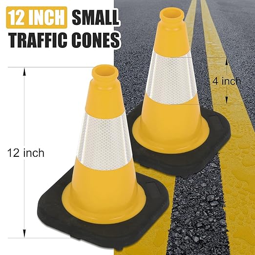 6 Pack 12" Inch Yellow PVC Traffic Cones with Heavy-Duty Base, High-Visibility All-Weather Safety Cones for Road Construction, Parking Lot, and Garage Use (6, Yellow, 12" Small)