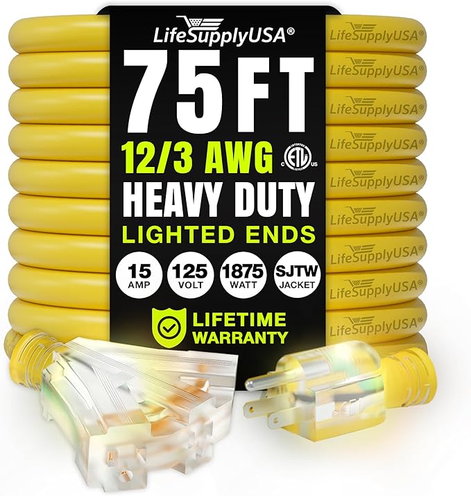 75ft Outdoor/Indoor Extension Cord 3-Outlet 12/3 Gauge Extra Heavy Duty ETL Listed, 3 Prong SJTW, Waterproof, Flexible Cold-Resistant Long Power Cord,15A 125V 1875W, Yellow by LifeSupplyUSA