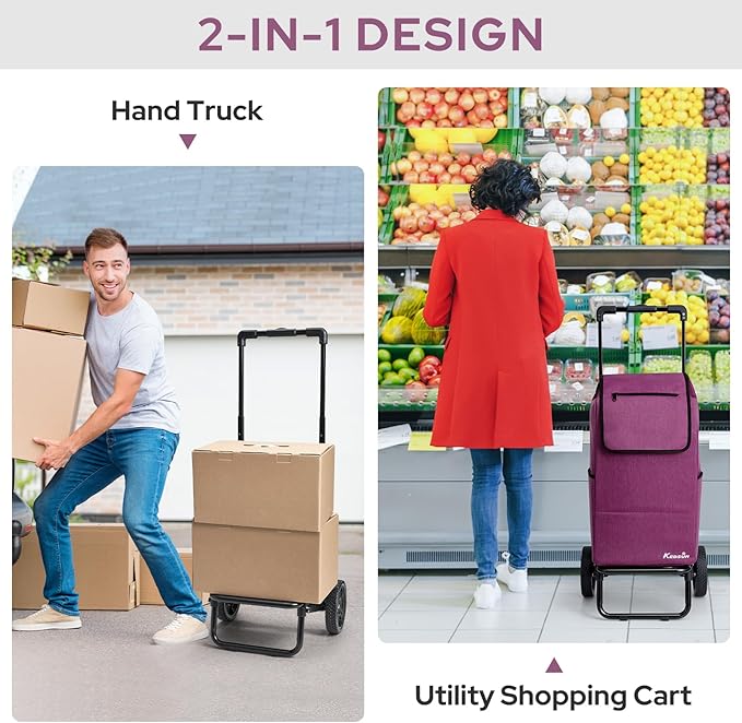 KEDSUM 2 in 1 Shopping Cart for Groceries, 330 lbs Grocery Cart on Wheels, Foldable Utility Carts with Wheels, Load-Bearing Hand Truck with Waterproof Bag for Shopping,Camping,Laundry,Garden, Purple