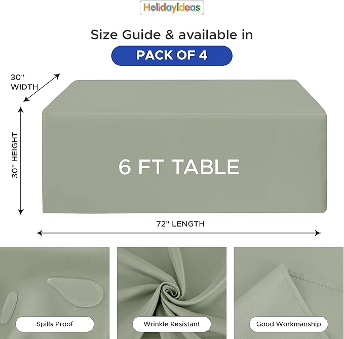 HolidayIdeas Fitted Tablecloths for 6 Foot Rectangle Table, Wrinkle Resistant Washable Table Cover 30x72 Inch for Vendor Booth Display, Banquet, Trade Show, Sage Green, 4 Pcs