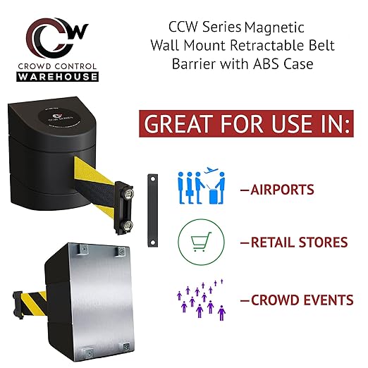Crowd Control Warehouse - CCW Series WMB-230 Magnetic Wall Mount Retractable Belt Barrier - 30 Foot Belt, Fluorescent Yellow Belt with Black ABS Case