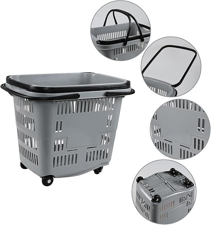 50 L Shopping Basket with Wheels and Handle, Grey Plastic Rolling Shopping Basket, 4 Packs
