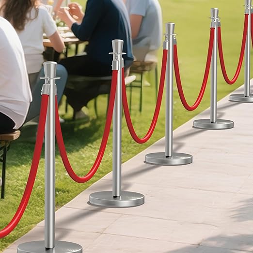 kaiyomi 6Pcs Stanchions with Red Velvet Ropes Set, 5 Feet Velvet Ropes and Posts Poles for Red Carpet Party Decoration and 360° Photo Booth (Silver)