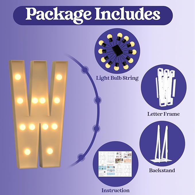 Marquee Letters 4 Feet Tall, 4FT Large Light up Letters W, Big Sign W with Warm White Light for Birthday Wedding Proposal Engagement Graduation Party Backdrop Decorations