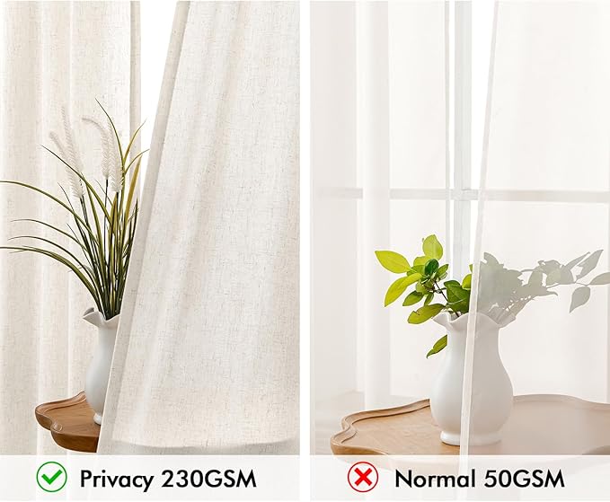 MIULEE Non-See-Through Privacy Linen Curtains 2 Panels, Light Filtering Window Curtains Farmhouse Textured Back Tab Semi Sheer Drapes for Bedroom Living Room, 52 x 84 Inches Long, Natural White