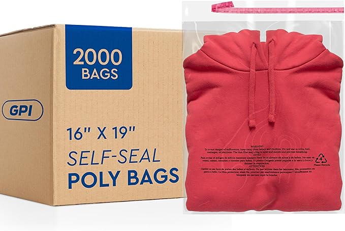 2000 Count - 16" x 19" Extra-Large Self Seal Poly Bags with Suffocation Warning, 1.5 Mil, Clear Polybags with Resealable Adhesive Strip for Shipping & Packaging Clothing, T Shirts & Sweaters. GPI