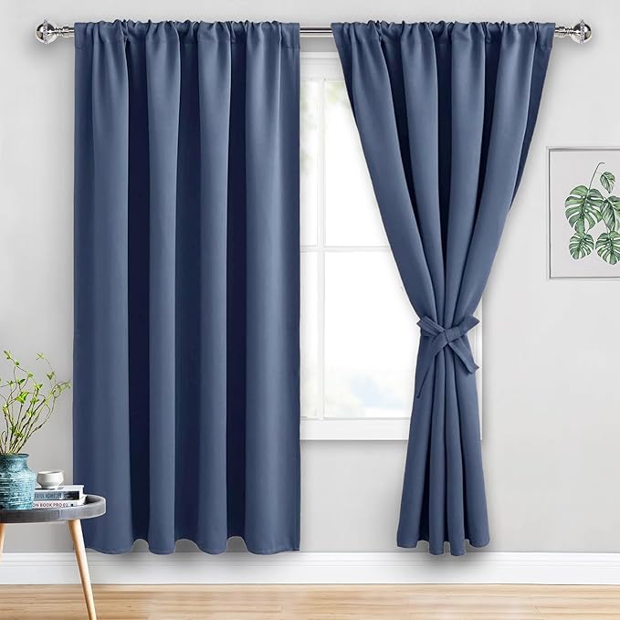 JIUZHEN Blackout Curtains for Bedroom - Thermal Insulated Room Darkening Rod Pocket Curtains for Living Room, Set of 2 Panels with Tiebacks, 60 x 72 Inch Length, Dusty Blue