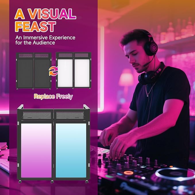 DJ Facade Booth Table 40" x 20" - Portable Detachable DJ Booth Table Station with Computer Bracket Surface & Cable Hole, Foldable DJ Table Includes Black/White Scrims & Carry Bag for Party