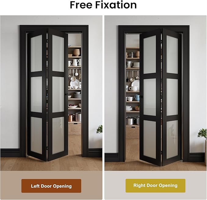 Bifold Doors for 28" x 80" Opening, 3-lite Tempered Frosted Glass Closet Folding Doors with Hardware kit Included, Easy Assembly, Black