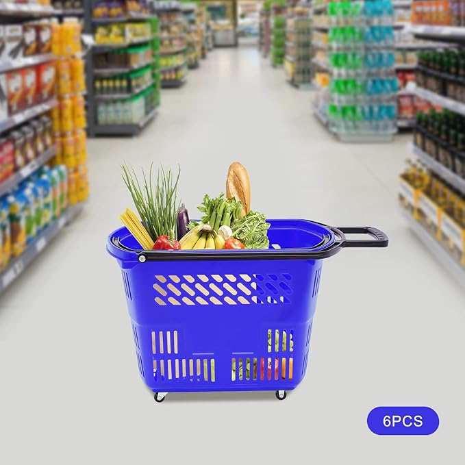 35L 6PCS Shopping Carts with Wheels and Handle, Plastic Rolling Basket, Portable Shopping Baskets Set for Supermarkets and Retail Stores