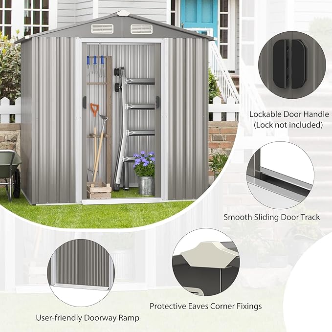 HAPPYGRILL 6 x 4 ft Outdoor Metal Storage Shed, Galvanized Steel Shed with Tilted Roof, Lockable Sliding Doors & 4 Air Vents, Utility Shed for Backyard Garden Patio Lawn