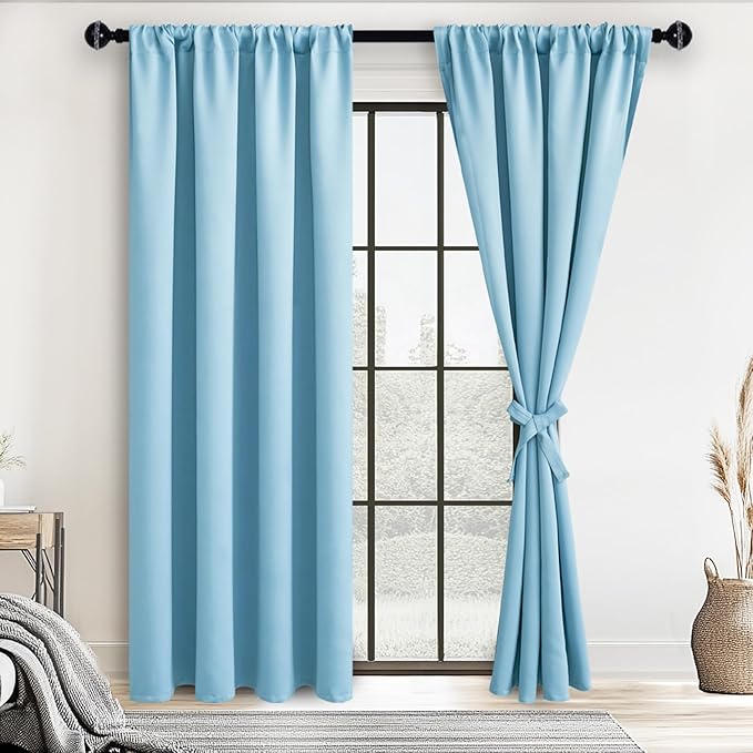 JIUZHEN Blackout Curtains for Bedroom– Thermal Insulated,Noise Reducing Room Darkening Privacy Drapes for Living Room, Set of 2 Panels with Tiebacks, 38 x 72 inch Long, Light Blue