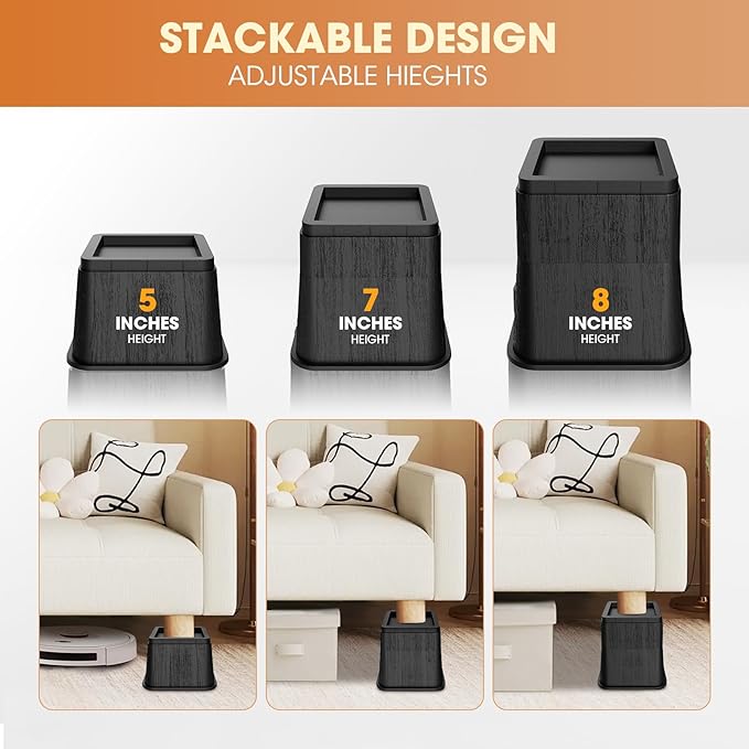Bed Risers 5 Inch, Oversized Fit Up to 5.5" Legs, Heavy Duty Support 6000lbs, Stackable Bed Raising Blocks Furniture Sturdy Bed Lifts for College Dorm Rooms, Couches, Tables, Desks(4 Pack)