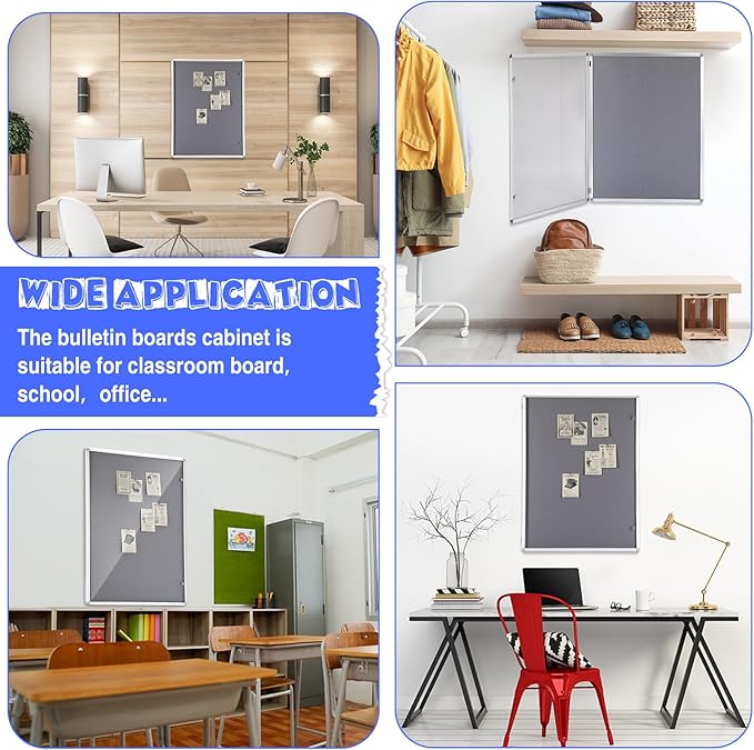 Suzile 2 Pcs Gray Enclosed Bulletin Board Lockable Cork Case Notice Board Aluminum Framed Waterproof Locking Cabinet with Mounting Screws for School Class Office Wall Display Pictures 48x36 Inch