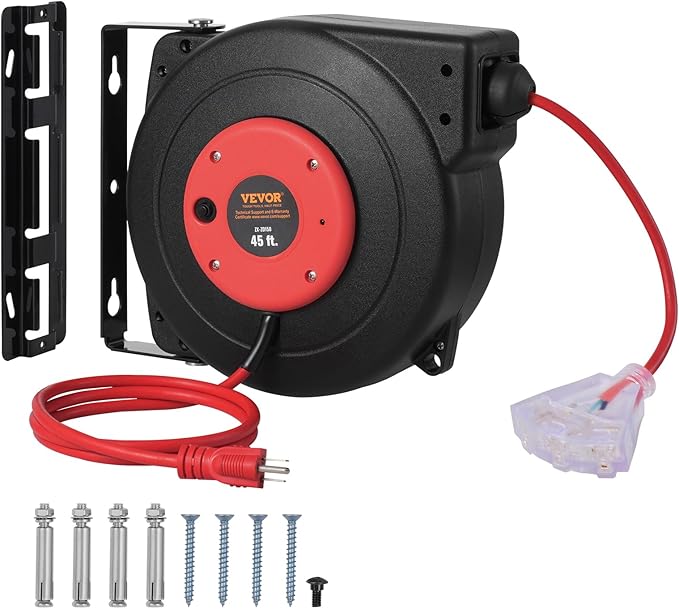 VEVOR Retractable Extension Cord Reel, 45 FT, Heavy Duty 12AWG/3C SJTOW Extension Power Cord with Lighted Triple Tap Outlet, 15A Circuit Breaker 180° Swivel Bracket for Ceiling or Wall Mount, Red
