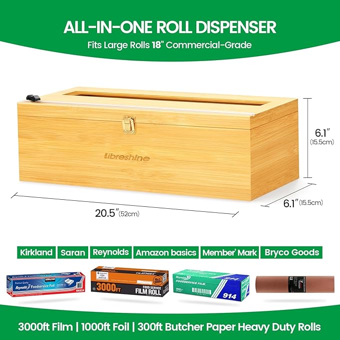 18 Inch Plastic Wrap Dispenser with Slide Cutter – Commercial Butcher & Freezer Paper Dispenser for 3000ft Film, 1000ft Foil & Kraft Rolls, Heavy Duty Bamboo for Restaurant & Kitchen