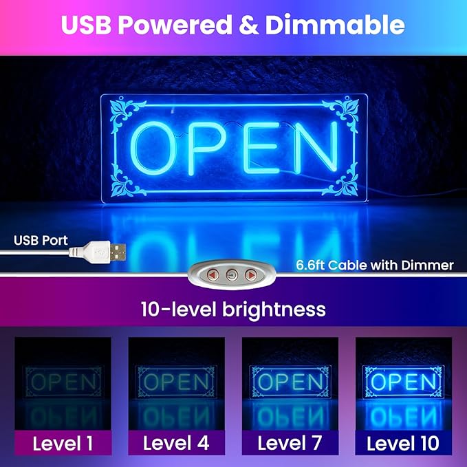 Open Signs for Business, LED Neon Open Sign Lighted Open Lights for Business Window Door Wall Hanging Coffee Snack Bar Restaurant Barbershop Retails Store Shop, USB Power & Dimmab