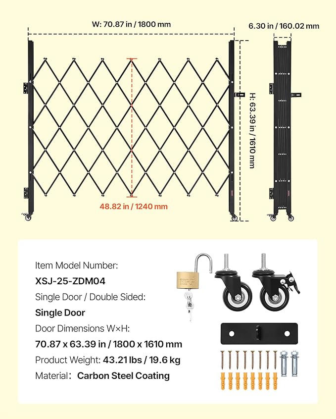 VEVOR Single Folding Security Gate, Lockable Scissor Gate with 360° Swivel Casters, Outdoor Barricade Steel Retractable Gates, for Entry Security, Garage, Warehouse & Pool, 70.87 x 63.39 in (W x H)