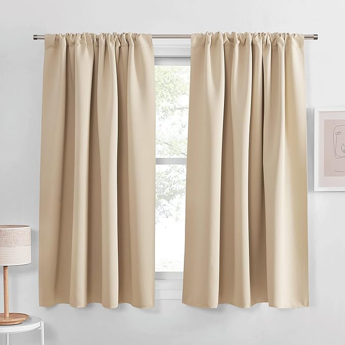 PONY DANCE Short Black Out Curtains 48 inch Long for Small Window, Rod Pocket Privacy Bathroom Draperies, Lighting Blocking Drapes for Basement(2 Panels Set, Biscotti Beige, W42 x L48 inches)