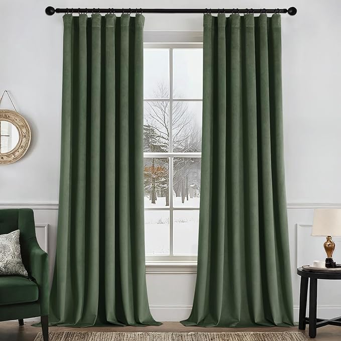 MIULEE Velvet Curtains 96 Inches Long 2 Panels Set for Bedroom, Pinch Pleat Back Tab Thermal Insulated Living Room Darkening Drapes Pleated Blackout Floor to Ceiling Curtains with Hooks, Olive Green
