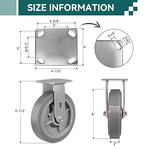 8'' × 2'' Caster Wheels, Heavy Duty Industrial Casters Set of 4 Rubber Wheels, Load 4000lbs Capacity, Casters for Cart Dolly Toolbox Trolley (4 Rigid)