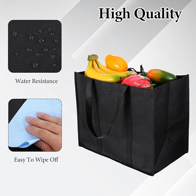 2 Pcs Foldable Reusable Grocery Bags With Reinforced Bottom & Handles, Heavy Duty Shopping Bags For Groceries, Black