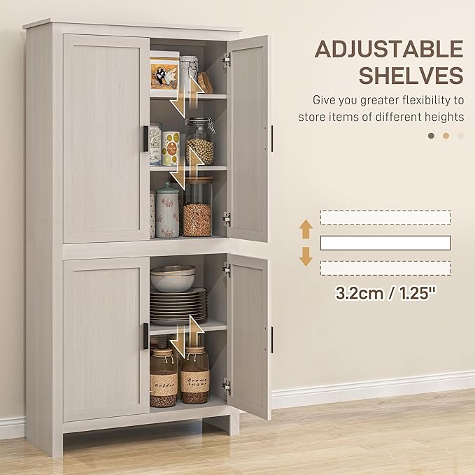 HOMCOM 64" Kitchen Pantry Cabinet, Freestanding Storage Cabinet with 4 Doors and 3 Adjustable Shelves for Dining Room, Antique White
