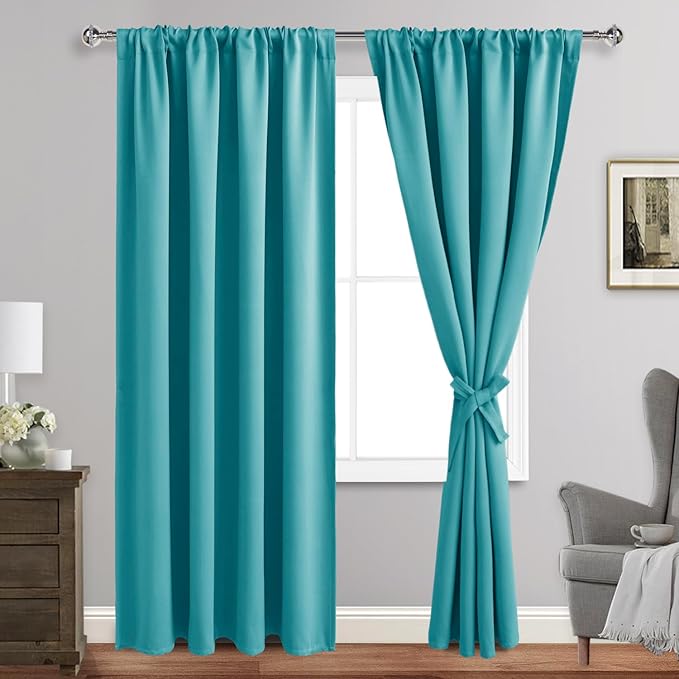 JIUZHEN Blackout Curtains for Bedroom - Thermal Insulated Room Darkening Noise Reducing, 52 x 84 Inch Length Curtains for Living Room, Set of 2 Panels with Tiebacks, Turquoise