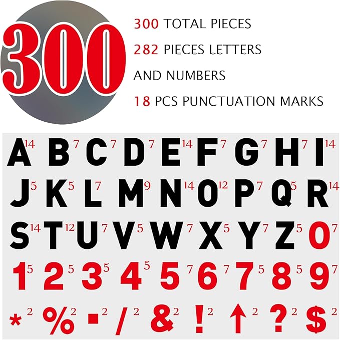 Leinuosen 300 Pcs Sign Letter Printed on Marquee Flexible Outdoor Black Portable Sign Board Plastic Changeable Letters and Numbers Punctuation Acrylic Numbers(8'', 9'')
