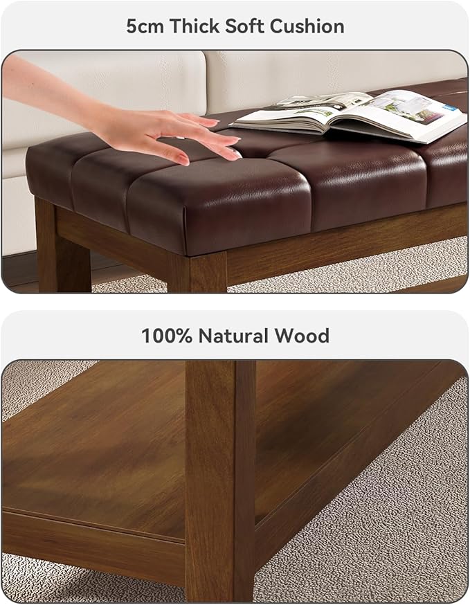 Solid Rubber Wood Shoe Bench, Easy-Clean PU Upholstered Seat, 770LB Load, Space-Saving Storage for Entryway/Living Room, Easy Assembly, Vintage Style, 43.3"x15.7"x17.7", Brown, UASND65R
