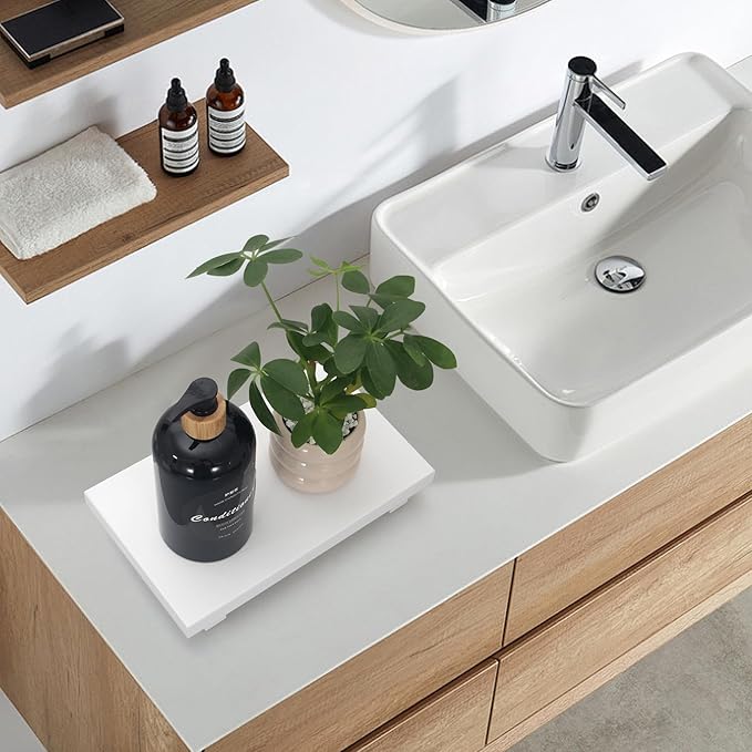 White Bathroom Counter Tray Organizer Small Wooden Risers Pedestal Stand Kitchen Soap Dish Dispenser Holder for Bathroom Counter Decor Farmhouse Wood Bathroom Sink Accessories Modern Vanity Tray