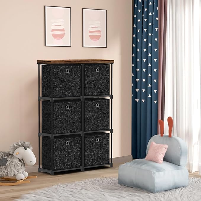 Small Fabric Dresser with 6 Drawers, Tall Cube Organizer for Closet, Storage Drawer Unit Chest of Drawers for Bedroom, Living Room, Hallway, Dorm, Black